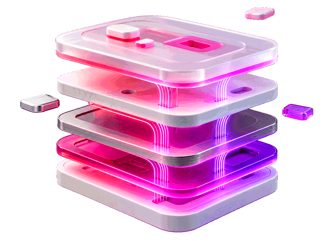 An MLM platform shown as five separated layers — the member panel, compensation engine, wallet ledger, storefront and admin — with light running between them.